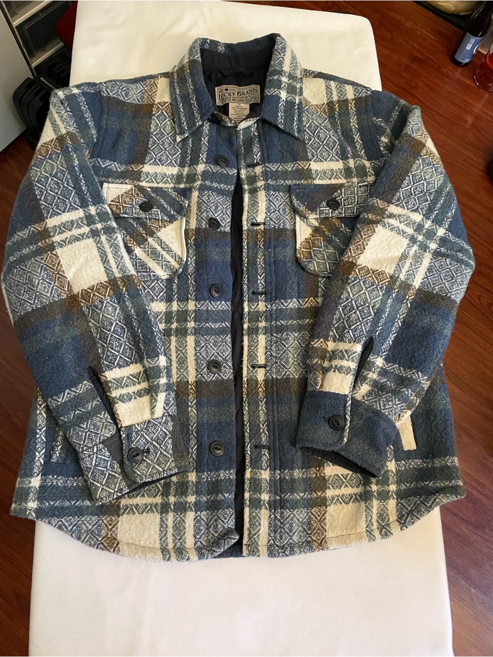 Lucky Brand Blue White Brown Plaid Shacket Quilted